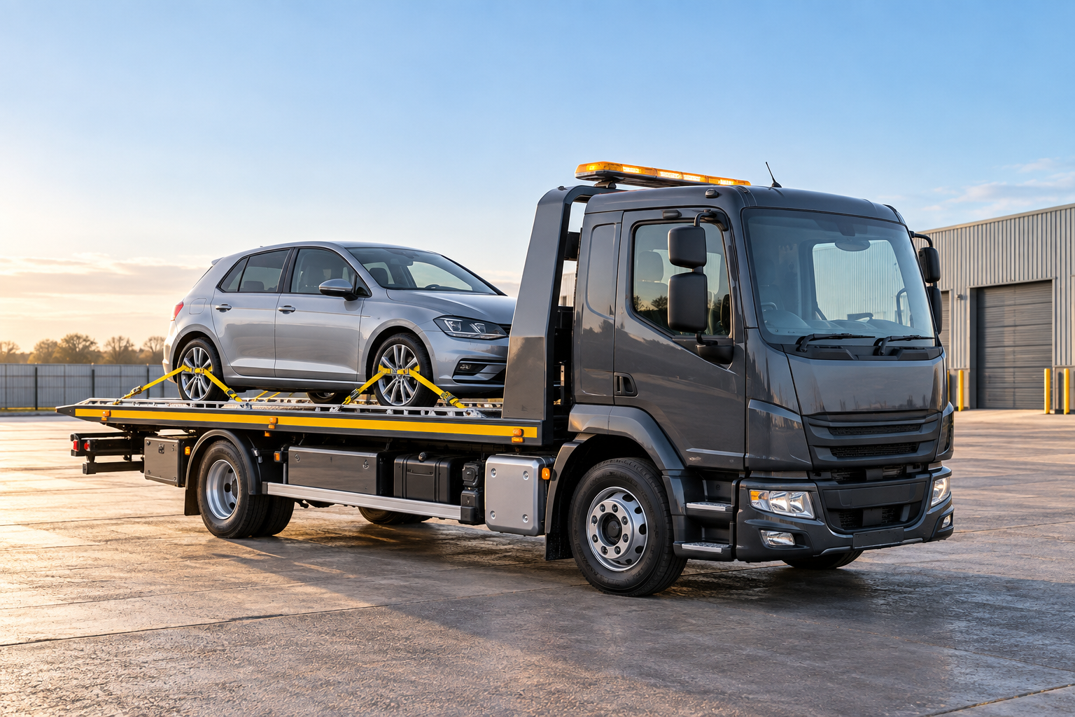 A flatbed recovery truck carrying a car in a British industrial yard